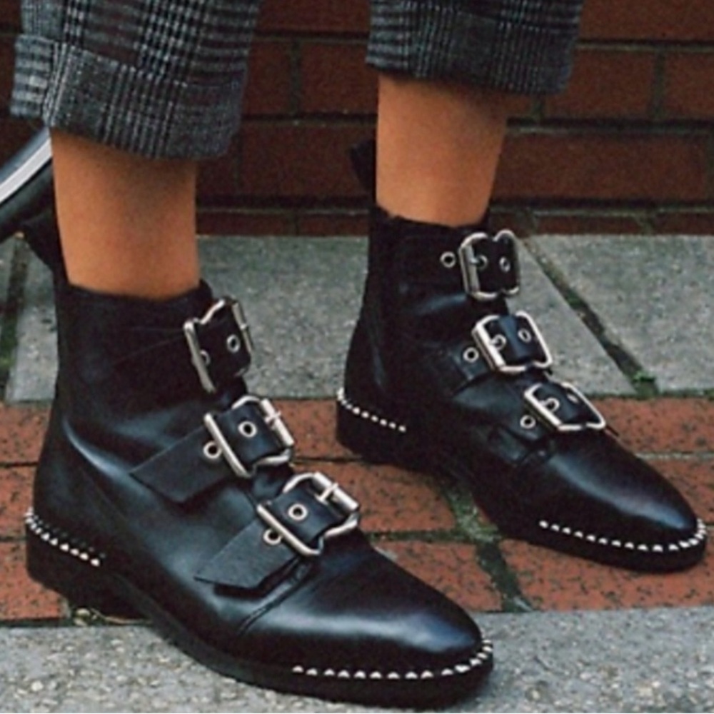 TopShop Alfie Buckle Studded Black Leather Ankle Boots Size 39